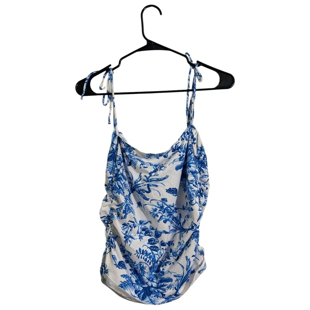 Maeve Anthropologie Blue White Floral Ruched Tie Shoulder Camisole Top SZ Large - Picture 3 of 8
